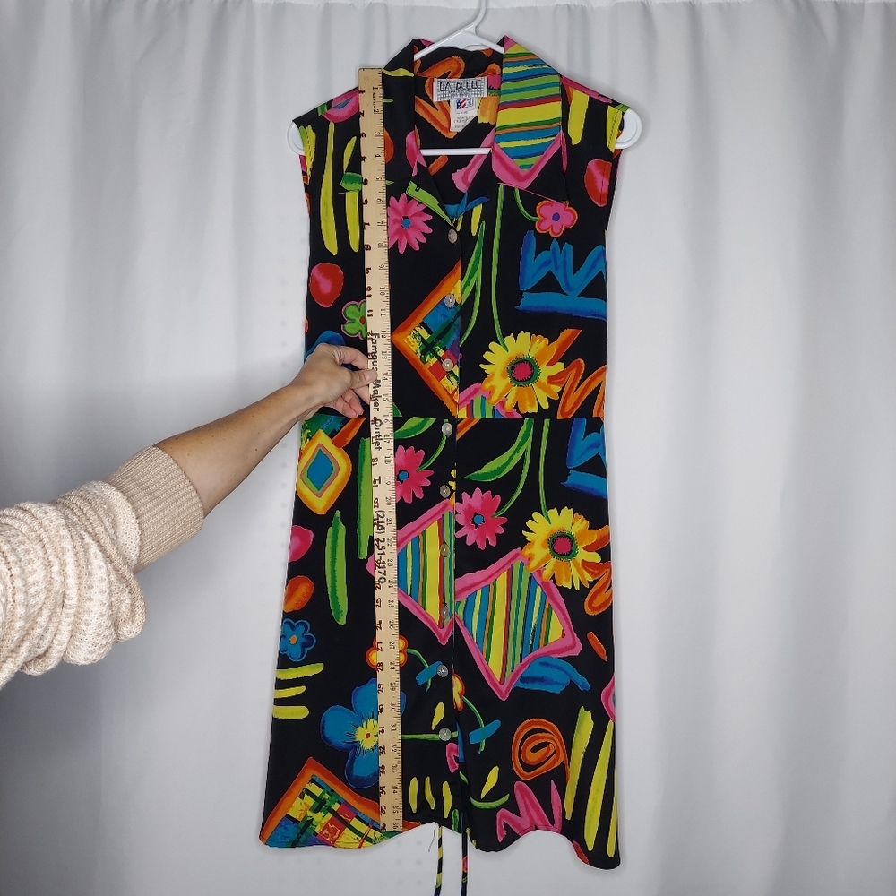 90's Vtg LABelle Button Collar Dress Multicolor Print Tie Sleeveless Midi 13 USA - Picture 6 of 12